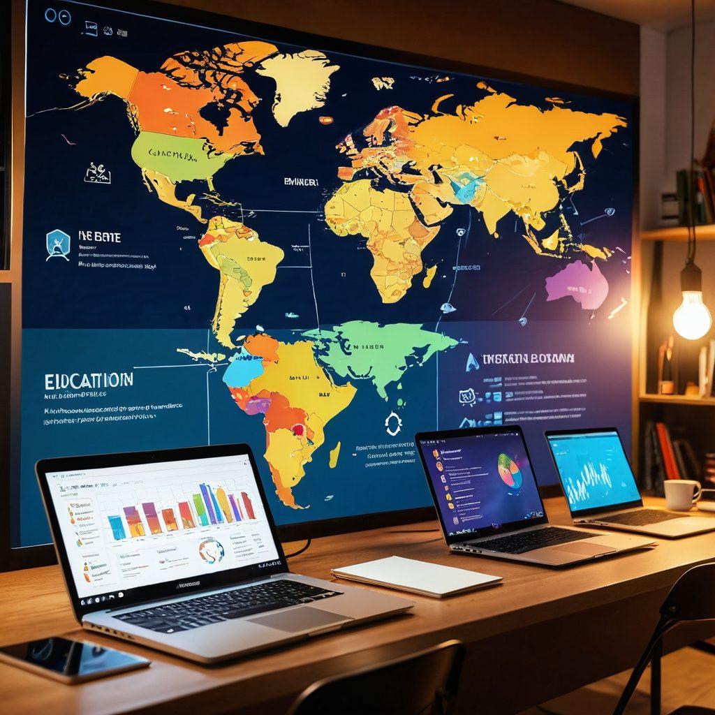A modern digital classroom filled with diverse students engaged in online learning on laptops, vibrant educational icons floating around them like books, lightbulbs, and graphs. In the background, a world map highlighting various online education platforms. Warm colors and bright lighting create an inviting atmosphere. super-realistic. vibrant colors. 3D.