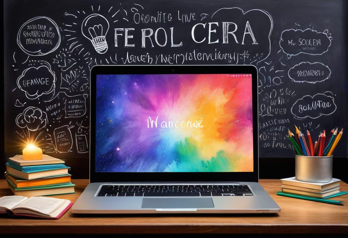 A bright, open laptop surrounded by colorful books, with glowing lightbulbs representing ideas above it. The background features a chalkboard with inspiring quotes about learning and self-improvement. A diverse group of engaged learners represented as silhouettes around the laptop, symbolizing community and collaboration. watercolor style. vibrant colors. educational theme.