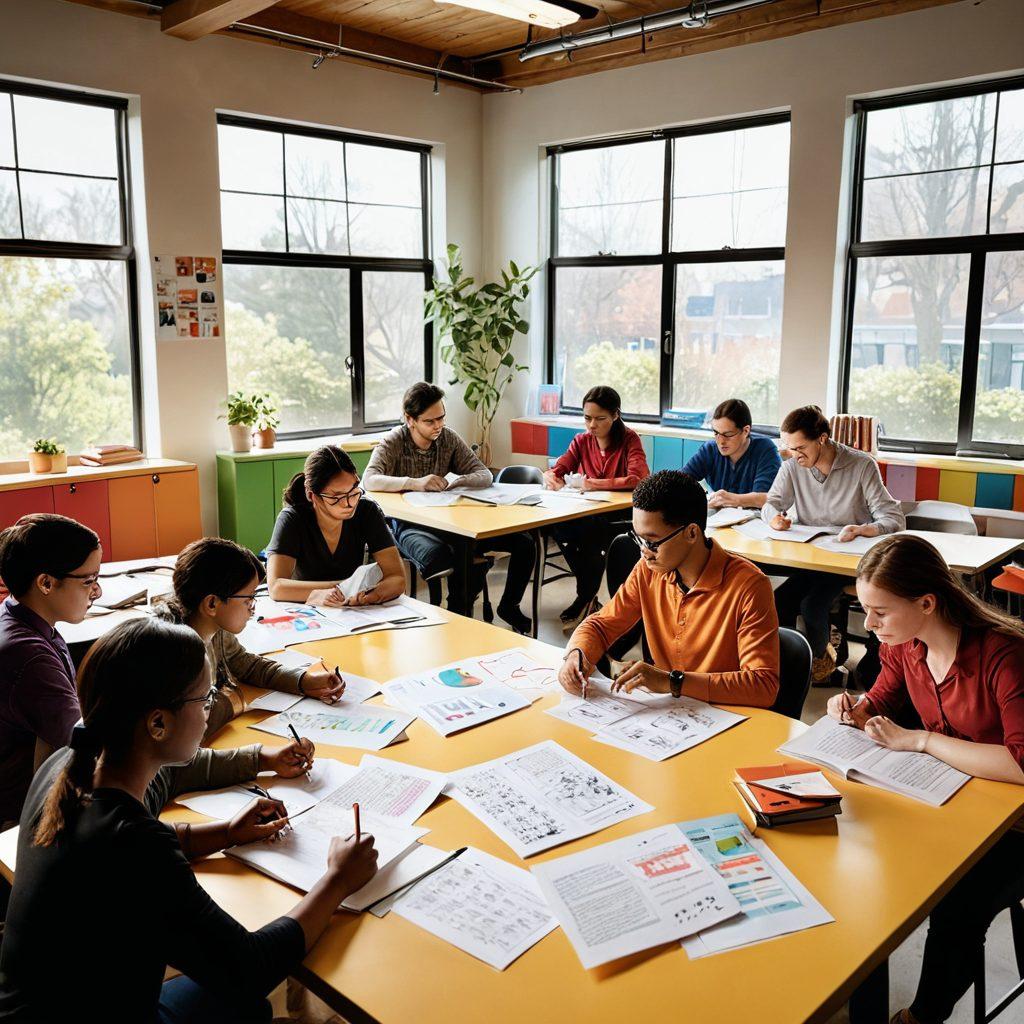 A diverse group of individuals engaged in a collaborative workshop, surrounded by books, digital devices, and charts illustrating skill development. Bright light streams in through a window, symbolizing enlightenment and growth. The atmosphere should feel vibrant and energetic, showcasing enthusiasm for learning. Elements of knowledge sharing like paper notes, flowcharts, and shared online resources visible. super-realistic. vibrant colors. natural light.